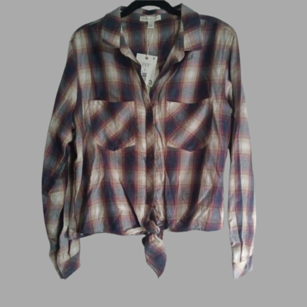 Chelsea & Violet Top Womens Size L Button Up Tie Hemline Brown Mix Plaid Pockets